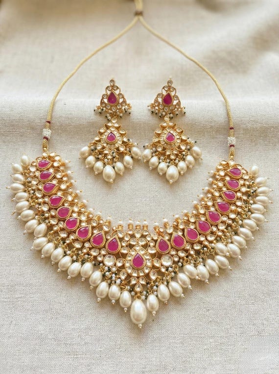 Kundan Jewelry Set, Indian Wedding Choker Necklace with Earrings