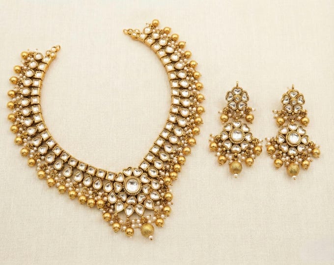 Handmade Kundan Bridal Necklace Set, 22k Gold Plated Indian Jewelry
