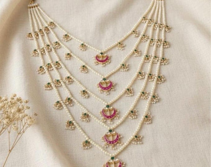 Multi-Layered Kundan Necklace | 22k Gold Plated Pearl Mala |Indian Wedding Jewelry