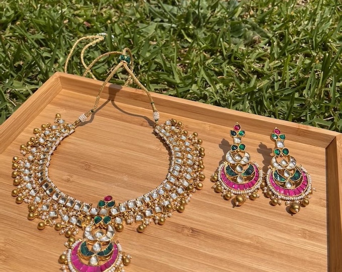 Handmade Kundan Bridal Jewelry Set, Gold Plated Wedding Necklace Earrings