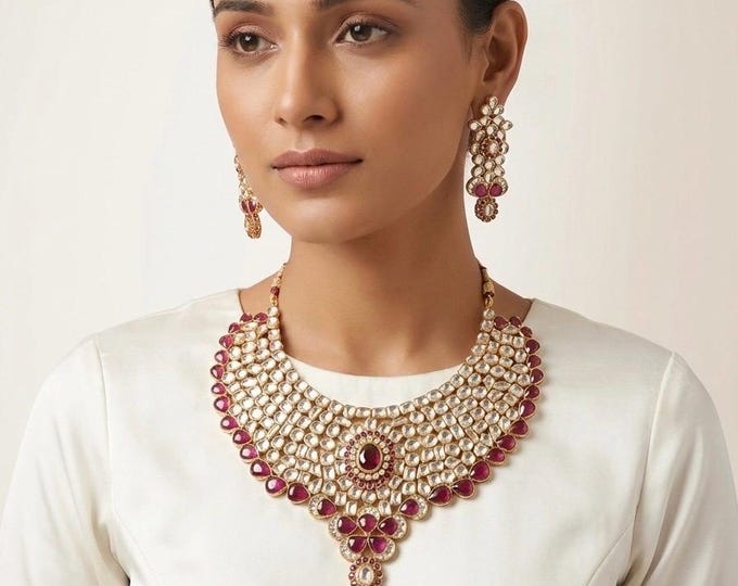 Handmade Kundan Choker Necklace Set | 22K Gold, Rhodolite Tikka Earrings