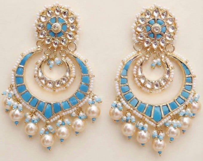 Kundan Chandbali Earrings, Turquoise Indian Jewelry