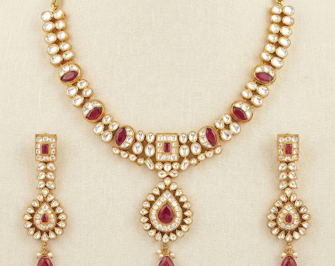 Handmade Kundan Choker Necklace Earrings Set, Indian Bridal Jewelry