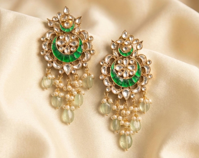 Handmade Kundan Chandbali Earrings | Green Stone Ethnic Jewelry