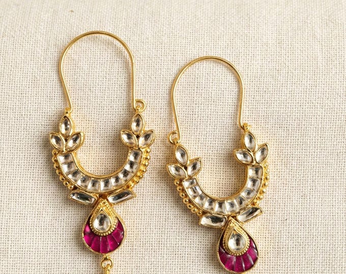 Kundan Chandbali Earrings, Antique Gold Tone Indian Jewelry