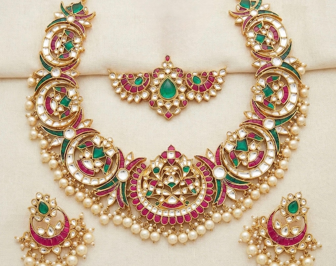 Handmade 22K Gold Plated Kundan Bridal Jewelry Set, Indian Wedding Necklace