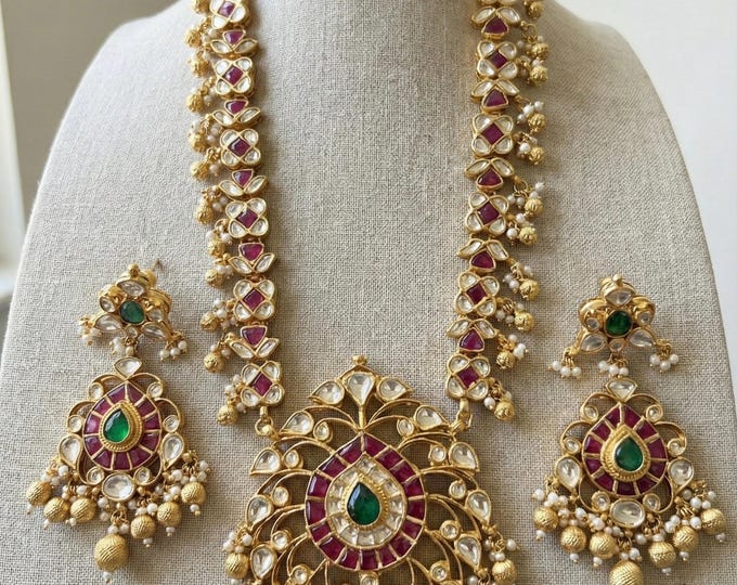 Handmade Kundan Jewelry Set, 22k Gold Plated Ranihaar Necklace, Indian Bridal Jewelry