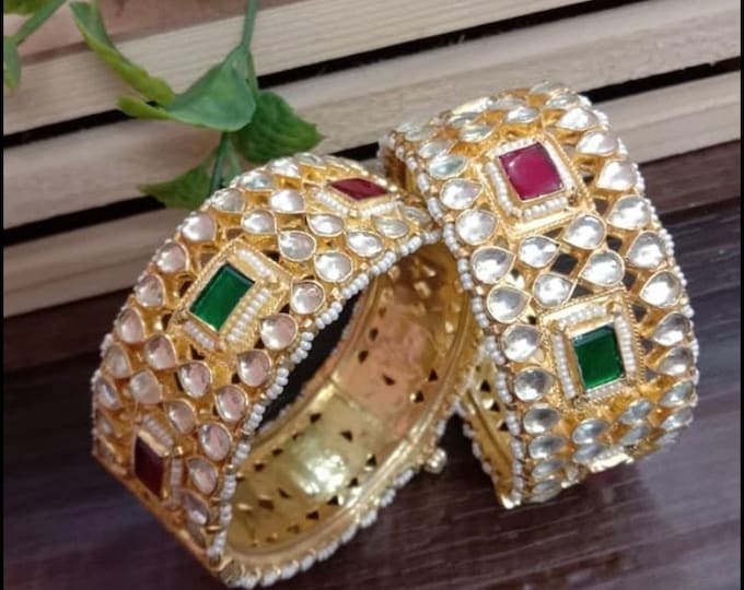 Kundan Bangles, 22k Gold Plated, Indian Wedding Jewelry
