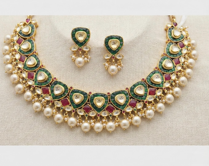Handmade Kundan Necklace Earrings Set | 22k Gold Plated Indian Jewelry
