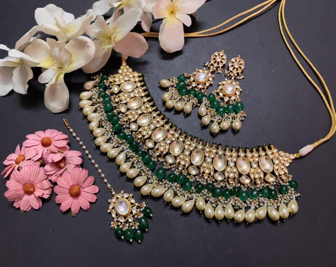 Kundan Choker Necklace Set, Emerald Green, Bridal Jewelry