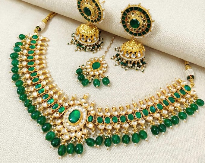 Handmade Kundan Choker Necklace Set, Emerald Green, Indian Bridal Jewelry