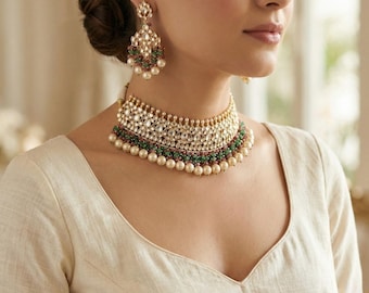 Kundan Choker Necklace Earrings Set, Gold Plated Indian Jadau Bridal Jewelry