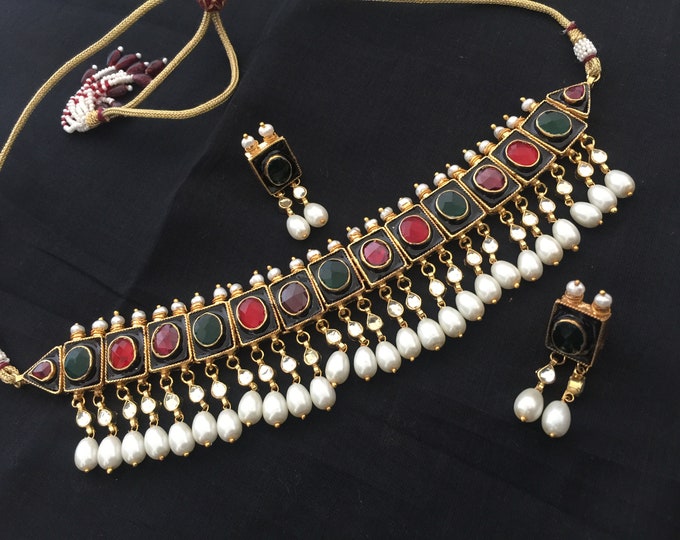 Kundan Choker Necklace Set, Multicolor Indian Wedding Jewelry