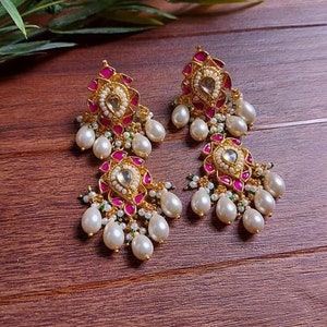 Kundan Earrings | Kundan Jewelry | Pink Earrings | South Indian Earrings | Gold Finish Earring | Indian Fashion | Pearl Drops | Gift for Her