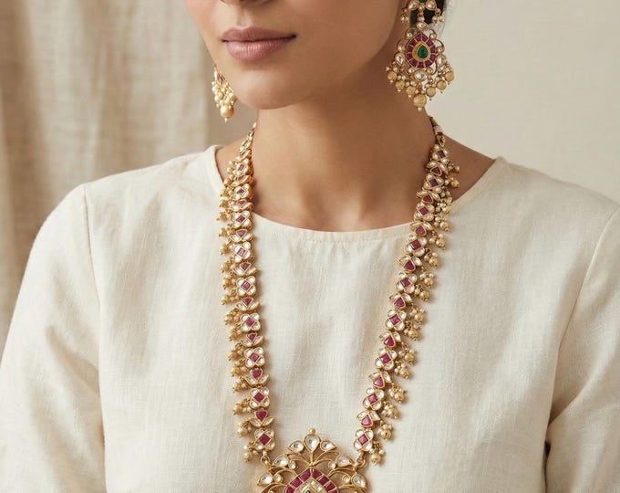 Handmade Kundan Jewelry Set, 22k Gold Plated Ranihaar Necklace, Indian Bridal Jewelry