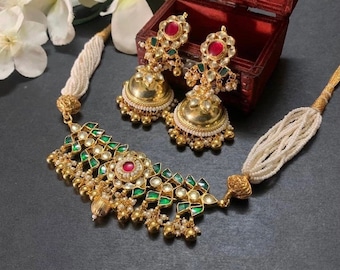 Kundan Jewelry Choker Necklace,South Indian Traditional Wedding Necklace,Gold Plated Bridal Jewelry,Statement Jewelry for Indian Brides