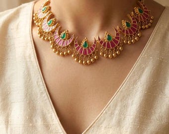 Jadau Kundan Choker Set, Gold Plated Bridal Jewelry, South Indian Wedding Necklace
