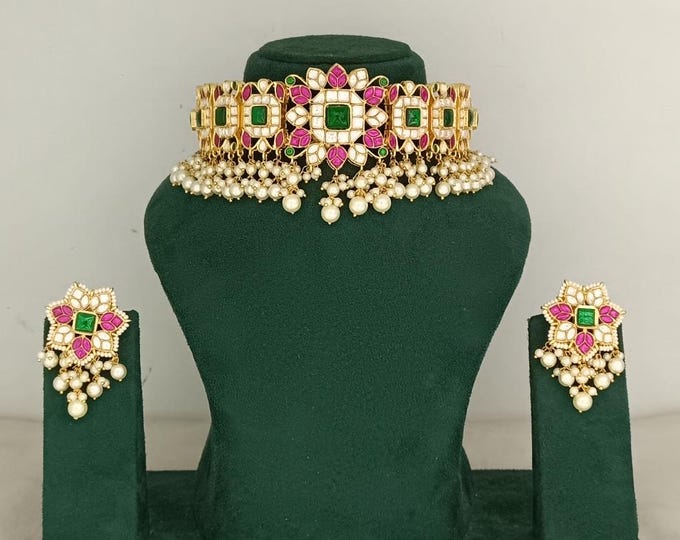 Kundan Choker Necklace with Earrings | South Indian Temple Jewelry
