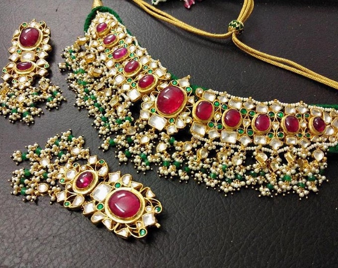 Kundan Jewelry Set: Handmade Gold Plated Choker, Earrings