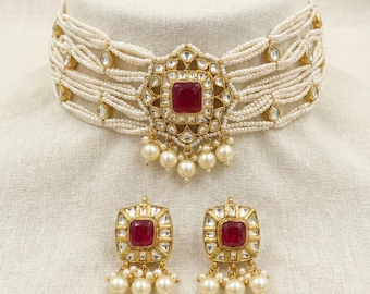 Handmade Kundan Choker Necklace, Pearl Earrings, 22k Gold Plated Indian Jewelry Set