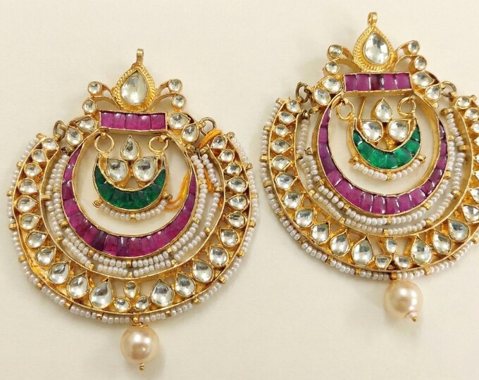 Handmade Kundan Chandbali Earrings, Pink Pearl, Indian Jewelry
