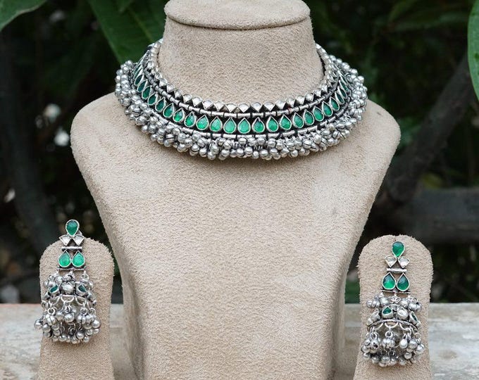 Kundan Choker Necklace Set, South Indian Tussi, Green, 925 Sterling Silver