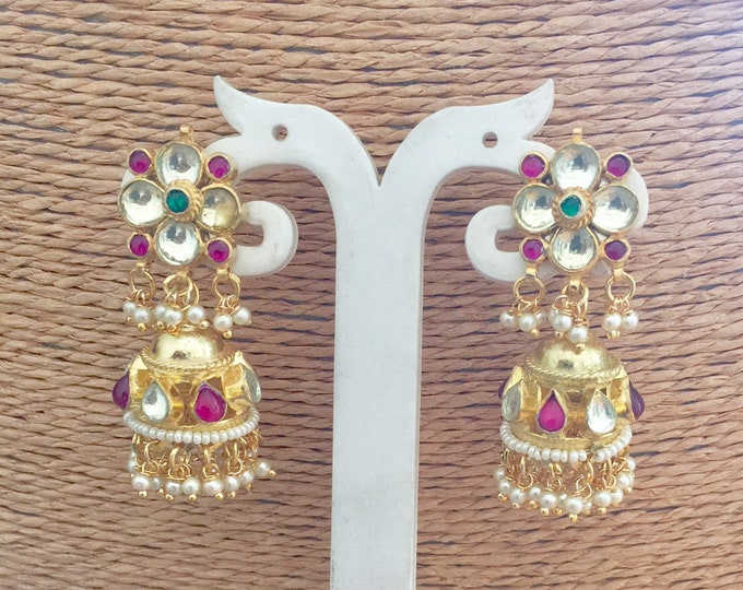 Handmade Kundan Flower Jumkhi Earrings, Gold Plated Bollywood Jewelry