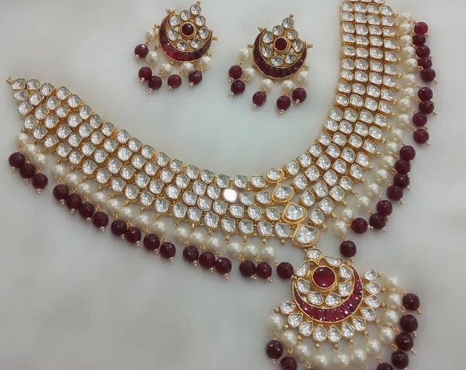 Handmade Kundan Choker Necklace Set, 22k Gold Plated Indian Jewelry