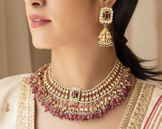 Kundan Choker Necklace & Earrings Set - Indian Bridal Jewelry