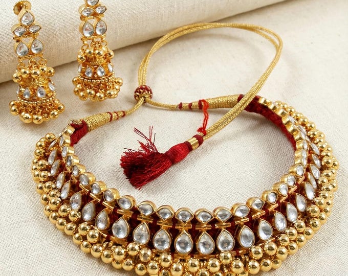 Handmade Kundan Choker Necklace and Earrings, 22K Gold Plated Indian Jewelry Set