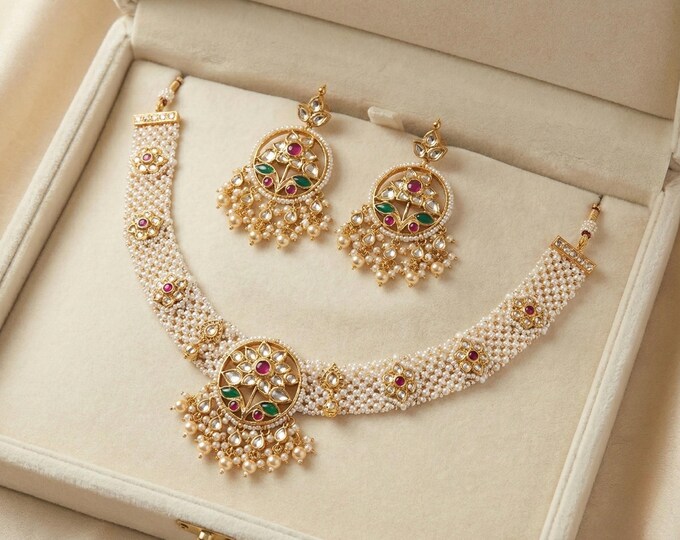 Handmade Kundan Choker Necklace Set, Gold Plated Bridal Jewelry