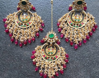 Kundan Earrings with Maangtika Set Kundan Mangtikka Set Kundan Jewelry Jadtar Polki Jewelry Fashion Earrings Bollywood Bridal Jewelry UK