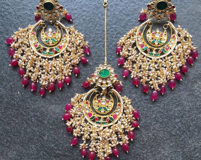 Handmade Kundan Earrings and Maangtika Set, Gold Plated Indian Jewelry