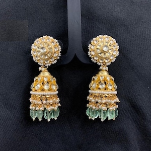 Kundan-sieraden, Kundan Jumkhi, Polki-oorbellen, Bollywood-mode-sieraden, Designer Dangler Earring, vergulde Kundan Heritage-oorbellenset