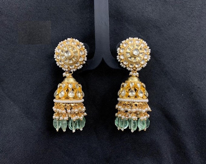 Handmade Kundan Jumkhi Earrings, Gold Plated Bollywood Jewelry