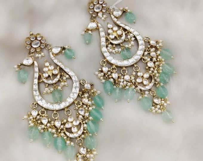 Gold Plated Kundan Chandbali Earrings, Indian Bridal Jewelry