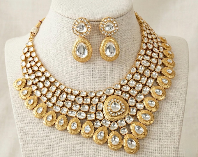 Handcrafted Kundan Choker Necklace and Earrings, Indian Bridal Jewelry