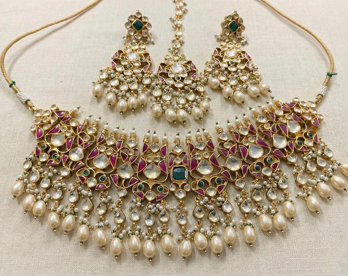 Handmade Kundan Choker Necklace Set, Indian Bridal Jewelry