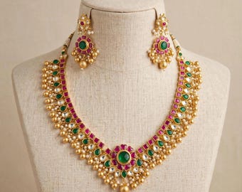 Conjunto de joyería Kundan hecha a mano / Collar de boda del sur de la India chapado en oro