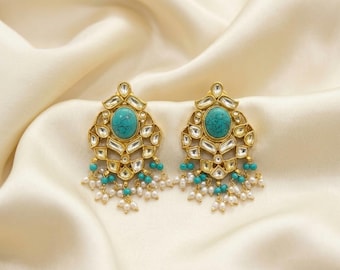 Handmade Kundan Earrings, Turquoise Pearl Drop, Gold Plated