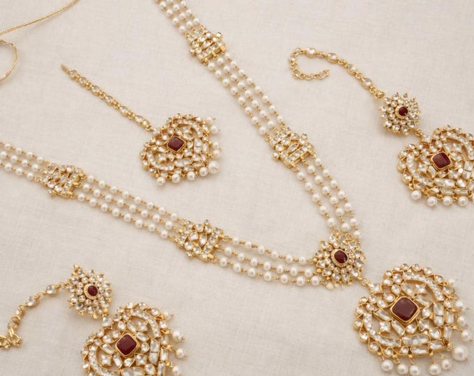 Handmade Kundan Bridal Jewelry Set, Gold Plated Necklace, Earrings & Tika