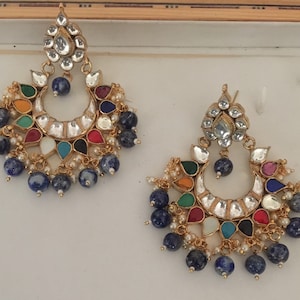 Kundan Earrings,Navratna Chandbali,Kundan Chandbali,Kundan Jewelry,Handmade Earrings with Blue Lapis,South Indian Wedding Jewelry