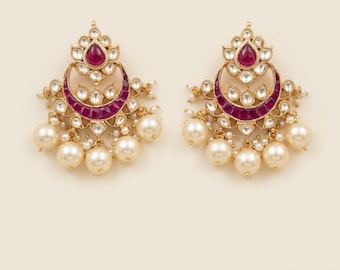 Kundan Chandbali Earrings, Indian Pearl Drop Jewelry, Gold Plated  Ruby Pink
