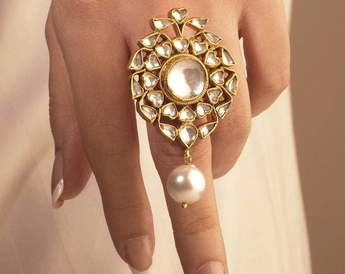 Kundan Wedding Ring, Gold Plated Bridal Statement Ring