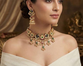 Kundan Jewelry, Gold Plated Indian Choker Necklace with Earrings