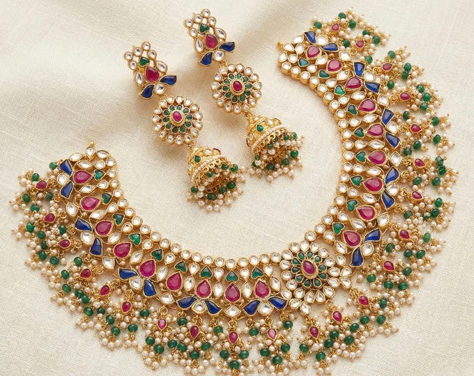 Handmade Kundan Choker Necklace and Earrings, Gold Plated Indian Jewelry