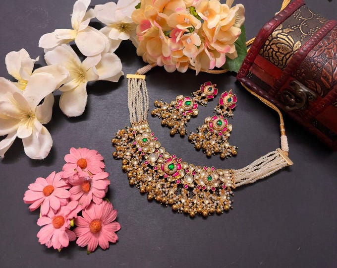 Kundan Choker Necklace Set, Gold Plated South Indian Jewelry