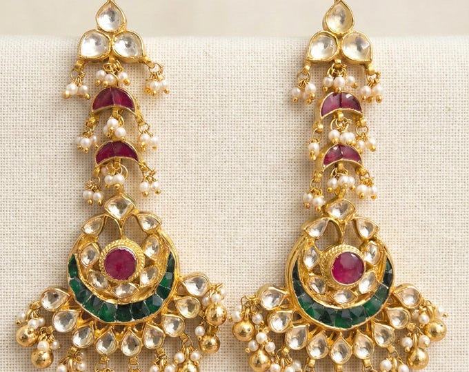 Kundan Jumkhi Earrings: Indian Wedding Chand Bali, Antique Gold