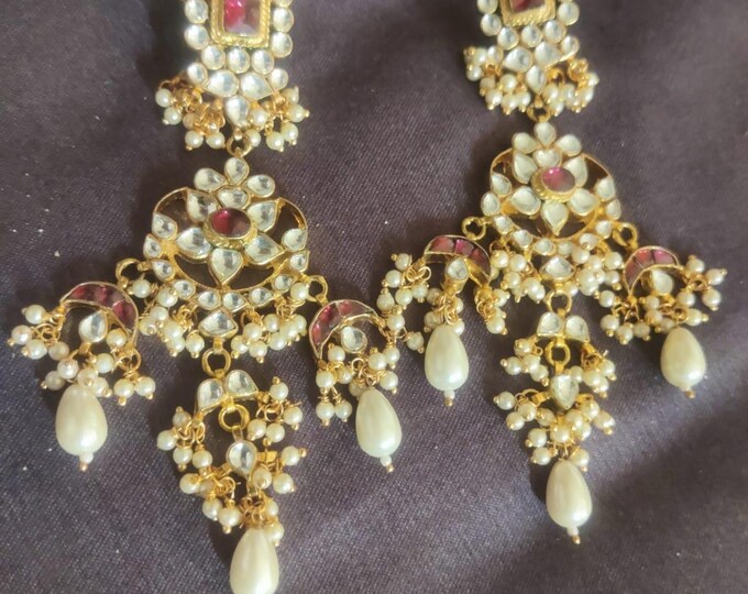 Handmade Kundan Chandbali Earrings, Pearl Drops, Indian Jewelry