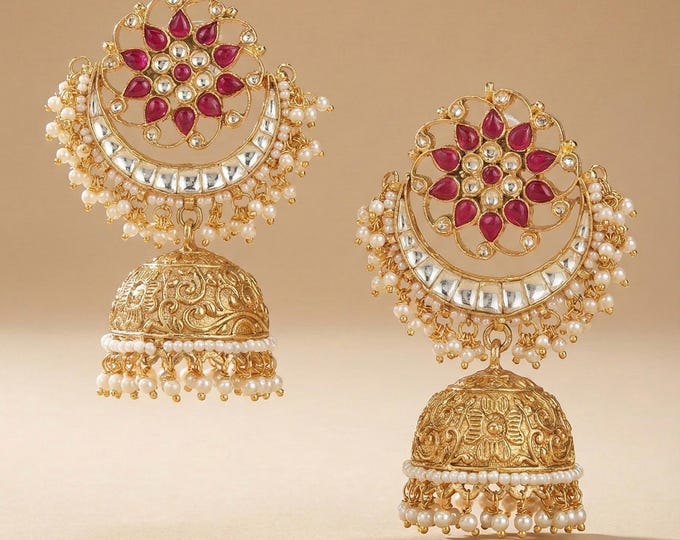 Kundan Chandbali Earrings, Gold Finished Jumkhi, Ruby Pink, Pearl Drops
